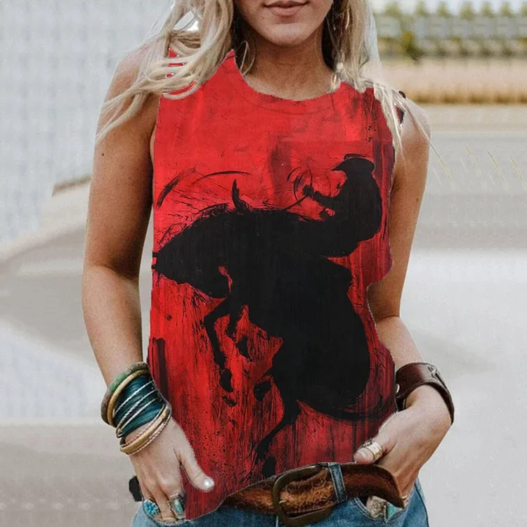 Comstylish Women'S Western Retro Horse Print Casual Tank Top