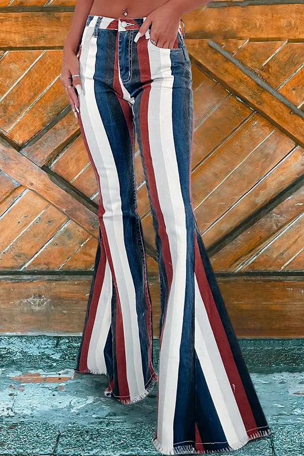 Retro Striped Print Flared Jeans