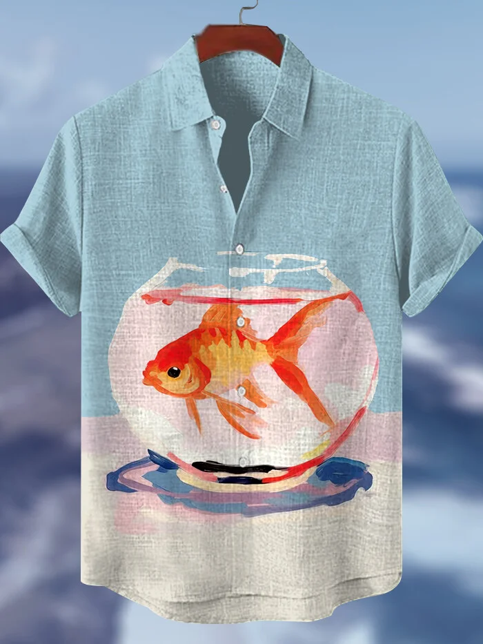 Men's Goldfish Fish Tank Print Short Sleeve Shirt