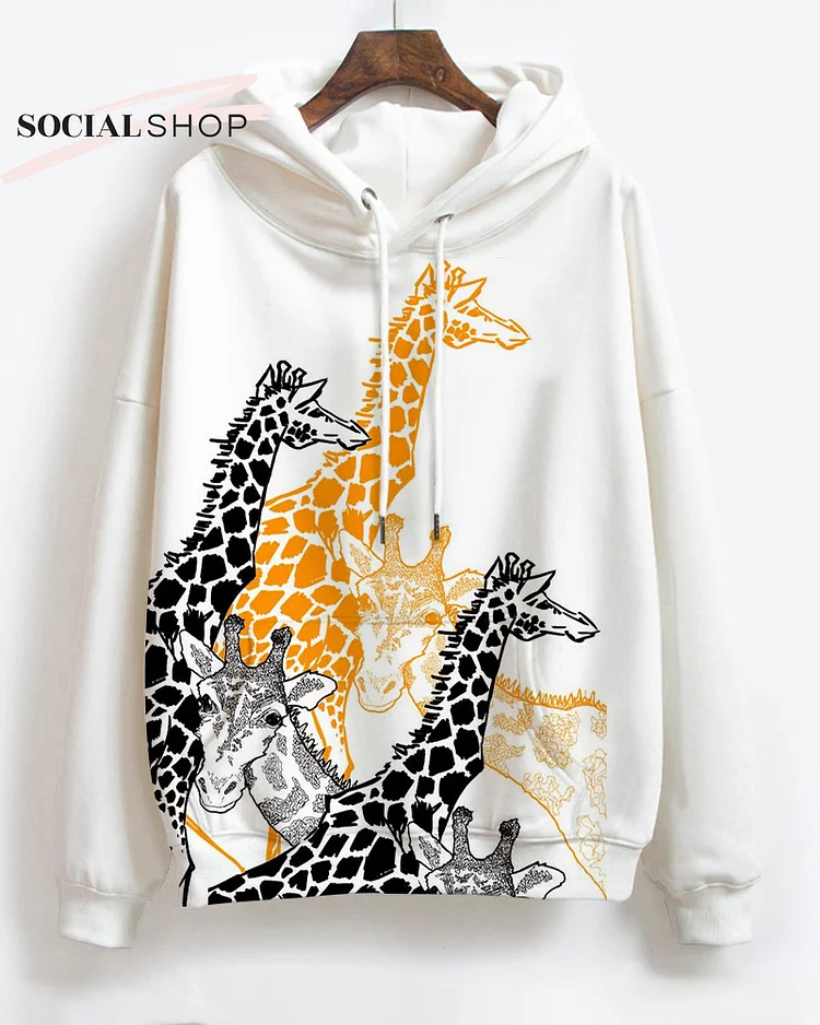 Giraffe Colorblock Print Women's Long Sleeve Hoodie
