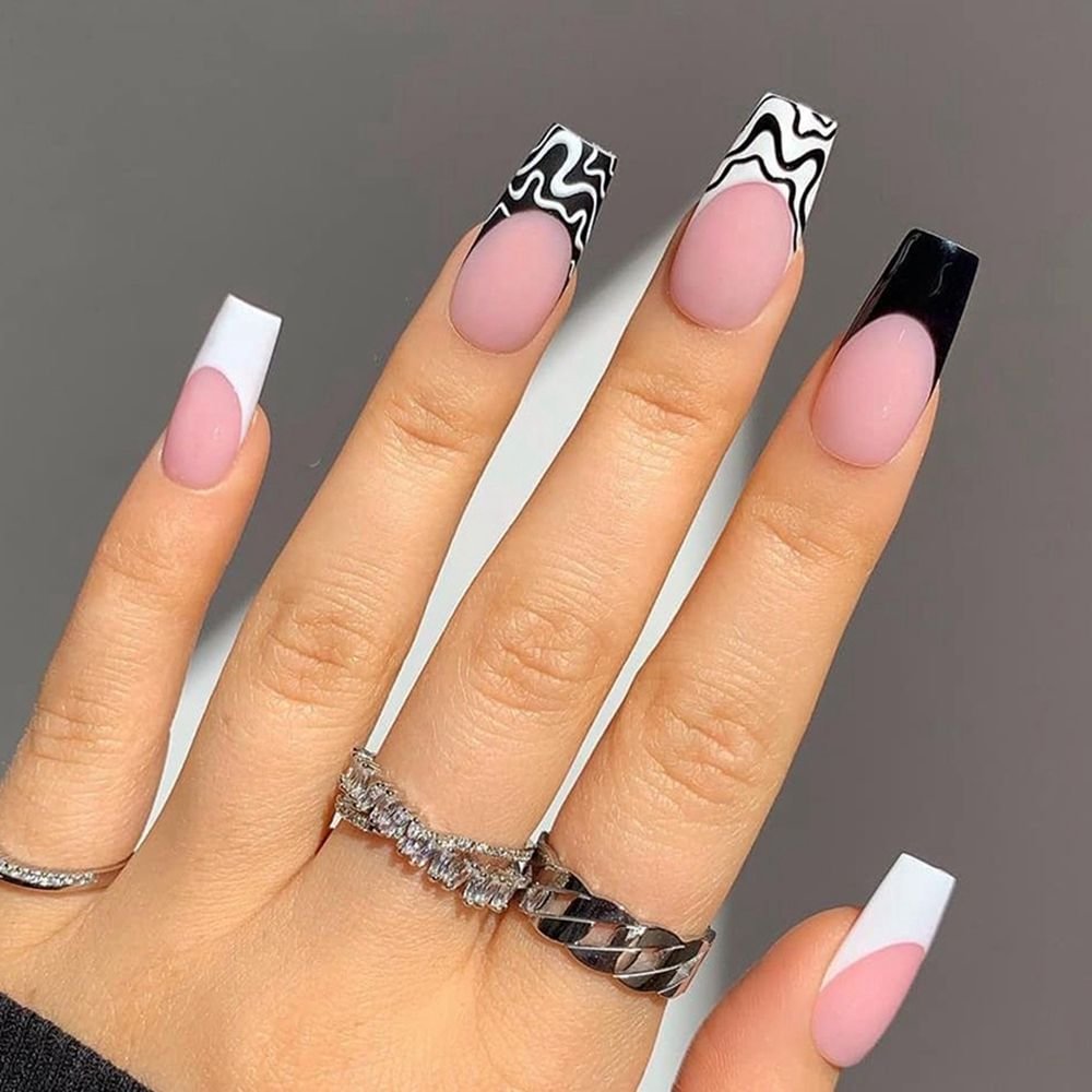 Agreedl French Manicure Black And White Colorblock False Nails Detachable Ballerina Medium Fake Nails Full Cover Nail Tips