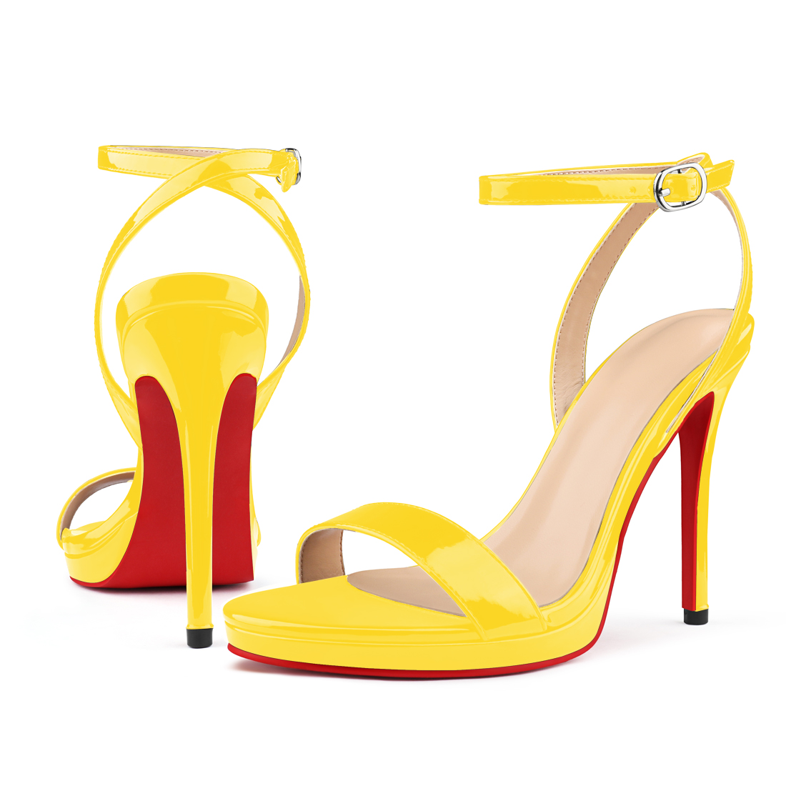 120mm Women's Low Platform Sandals Round Open Toe Red Bottom Ankle Straps Pumps-MERUMOTE