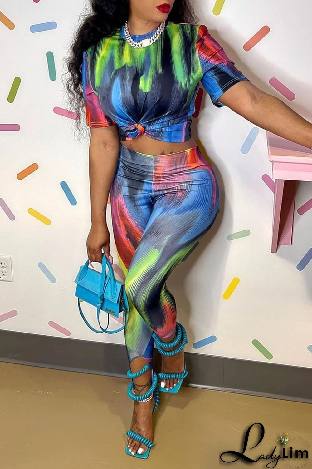 Rainbow Color Sexy Print Patchwork O Neck Short Sleeve Two Pieces