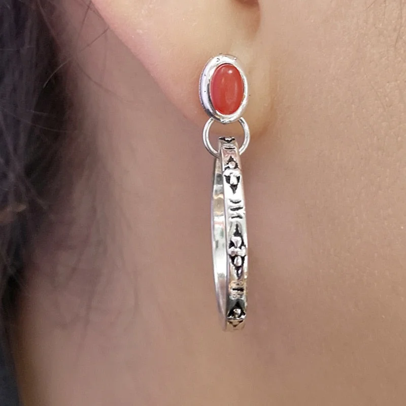 Cifeeo  Vintage Metal Circle Blue Stone Earrings Bohemian Jewelry Antique Silver Color Hollow Round Drop Earring Femme