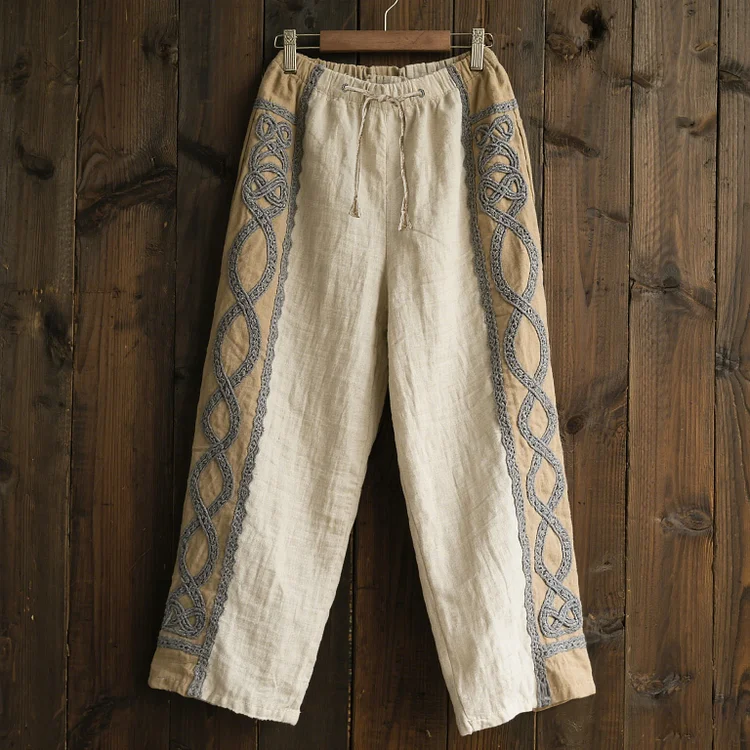 Utbros Women's Celtic Knot Embroidery Lace Art Comfort Casual Pants