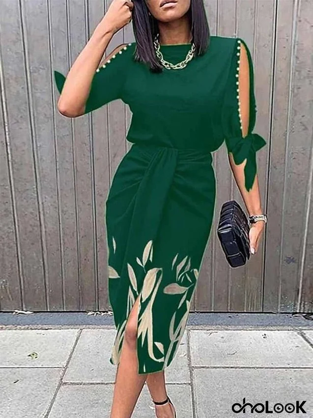 Work Dress Sheath Dress Semi Formal Dress Fashion Midi Dress Cut Out Print Crew Neck Half Sleeve Floral Regular Fit Brown Green Summer Spring S M L XL XXL for Women