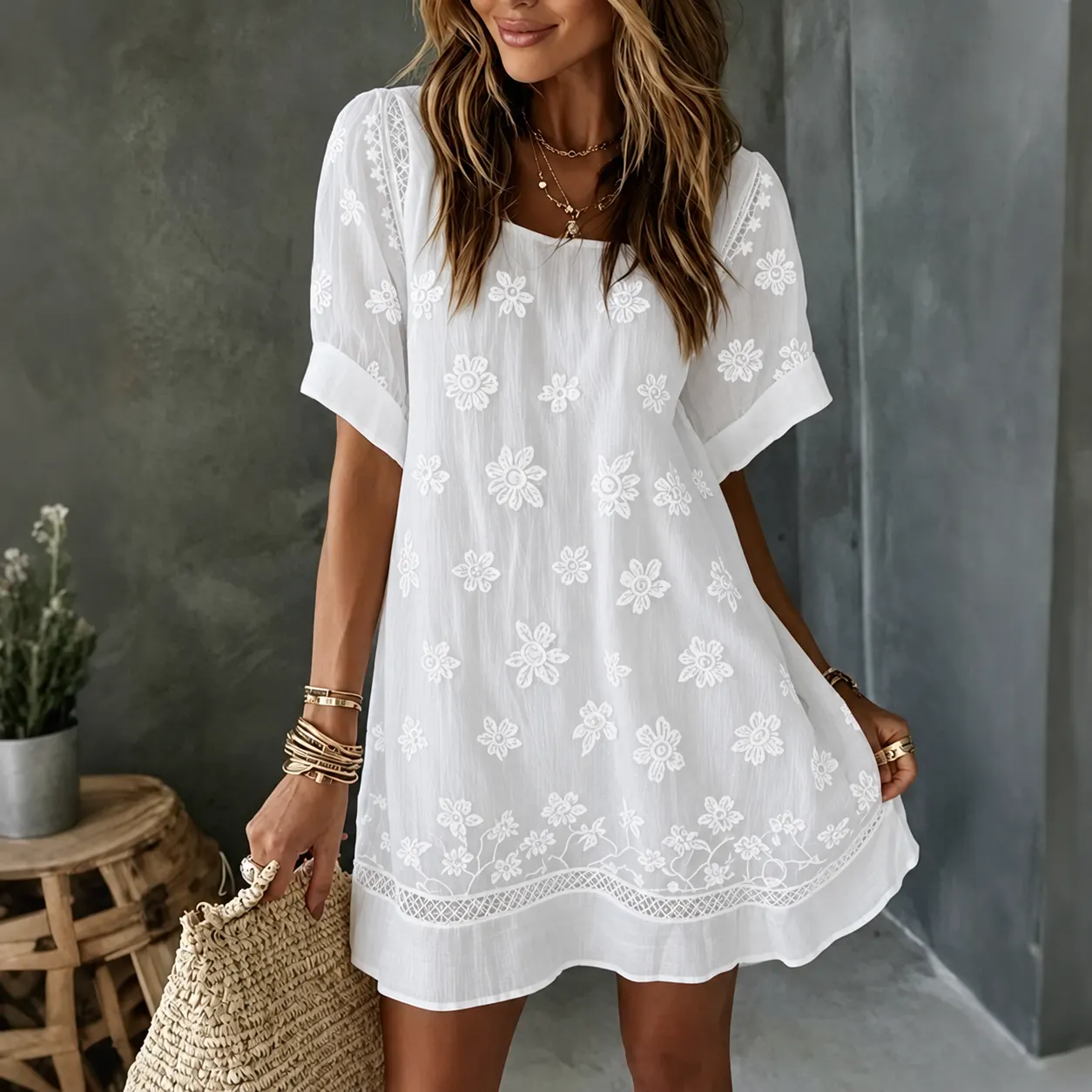 Comstylish Women's White Rose Art Embroidered Linen Blend Round Neck Maxi Dress