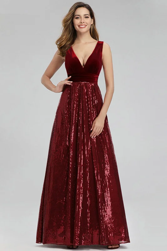 Burgundy Velvet Sequins Long Prom Dress