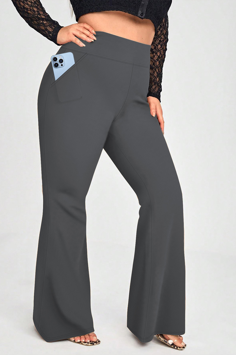 Plus Size Everyday Black High Waist Pocket Flare Leg Pants 2024 - Flycurvy 