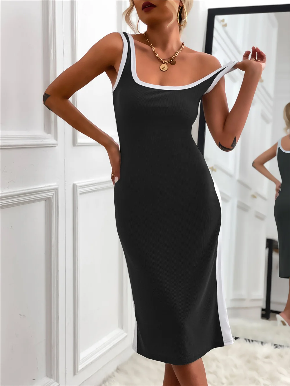 Sleeveless Sling Knitted Dress Black Dresses