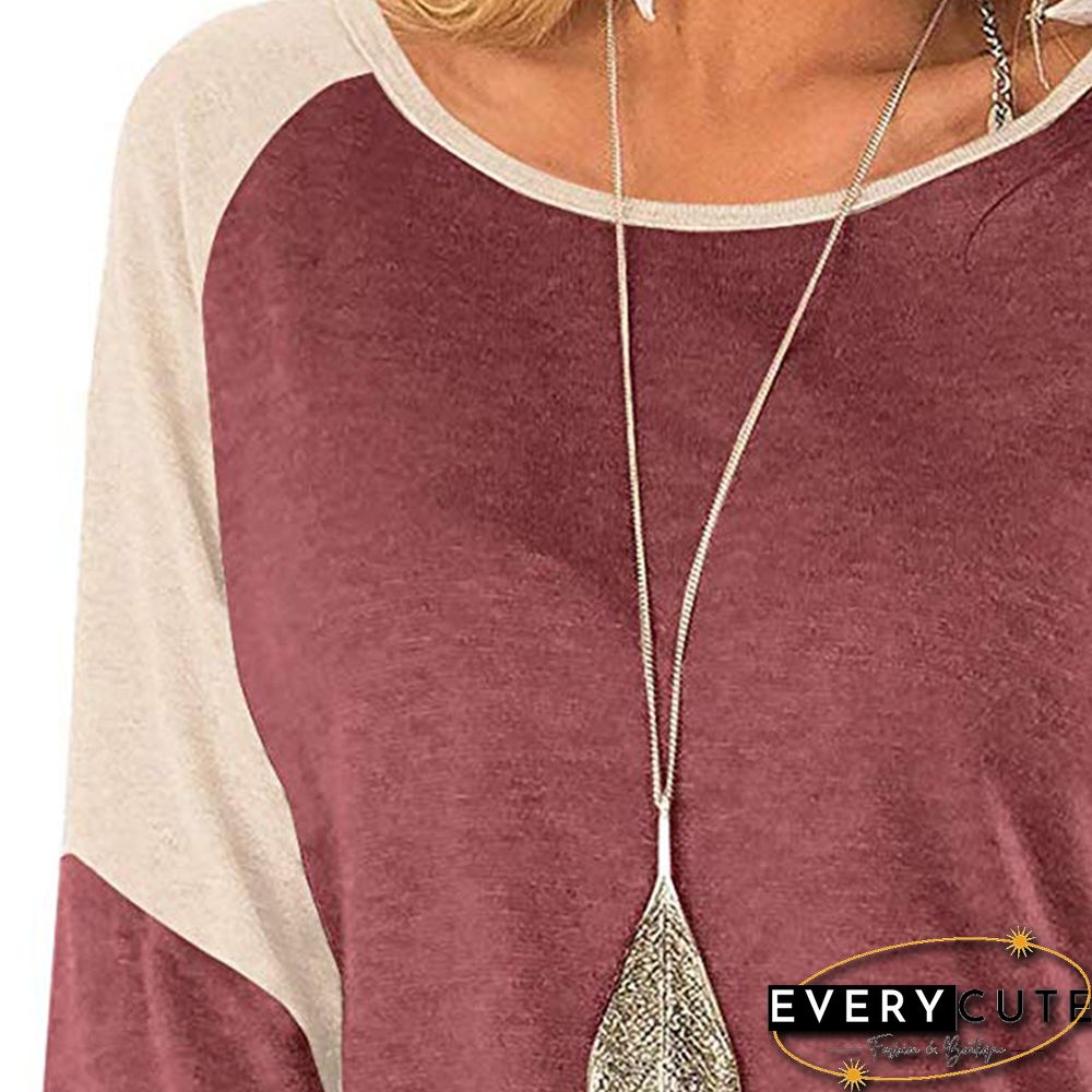 Rust Red Splice Leopard Sleeves Color Block Tops