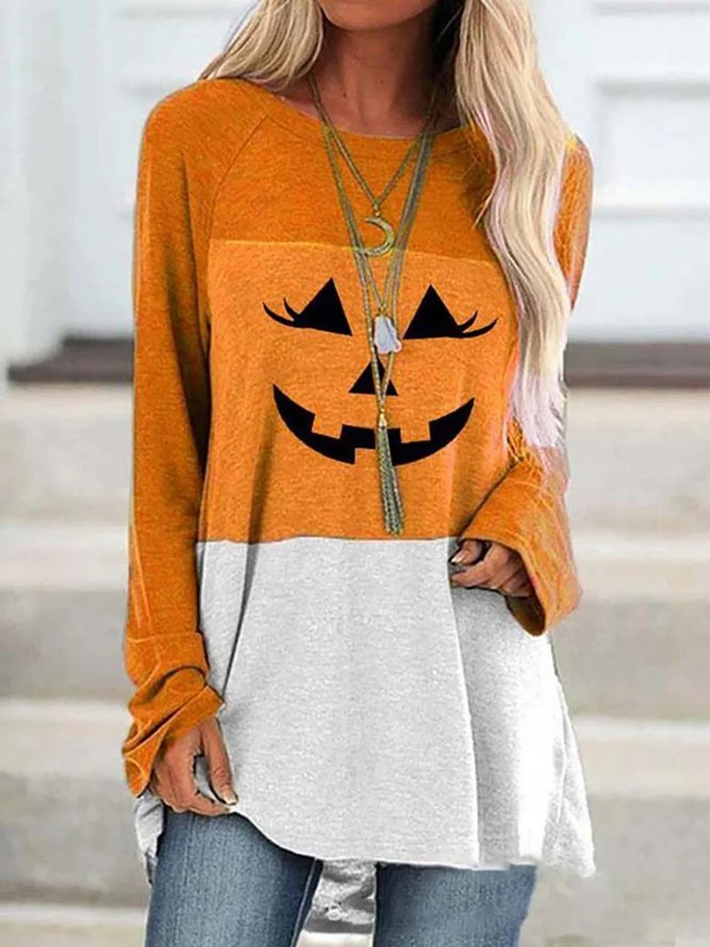 Round neck color matching funny print long-sleeved loose long T-shirt