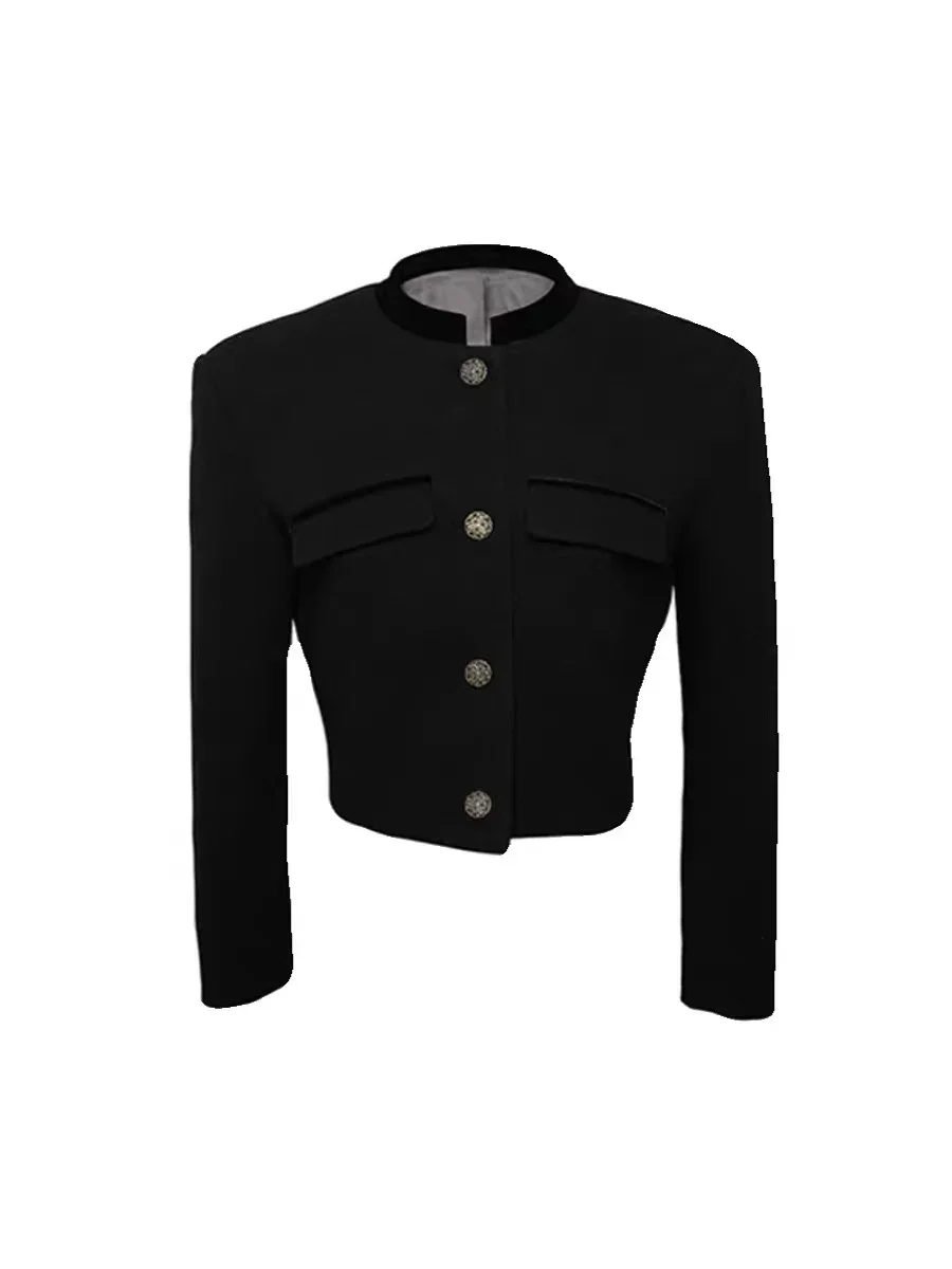 Aonga Black Two Piece Sets Women Outifits 2025 Autumn New Long Sleeve O Neck Cropped Blazer Coat + High Waisted Wide Leg Pant Suits aonga