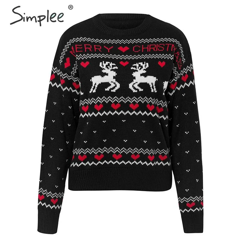 Simplee O-neck Fashion Christmas sweaters women long sleeve Autumn winter deer print knitted female pullover Chic ladies sweater