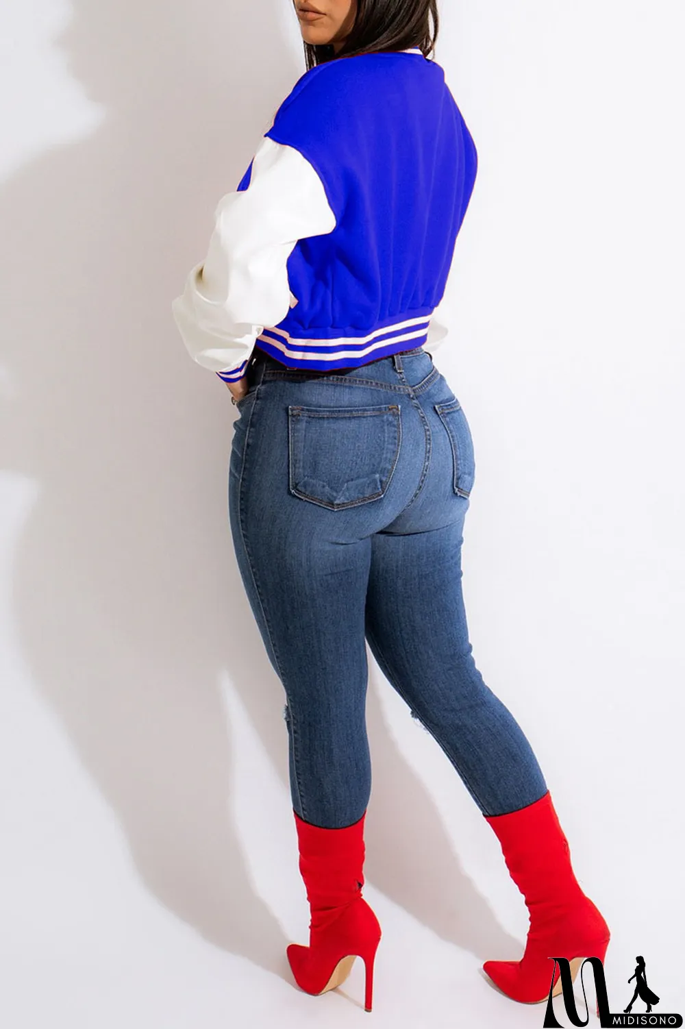 MidiSono - Blue Casual Print Patchwork Zipper Outerwear