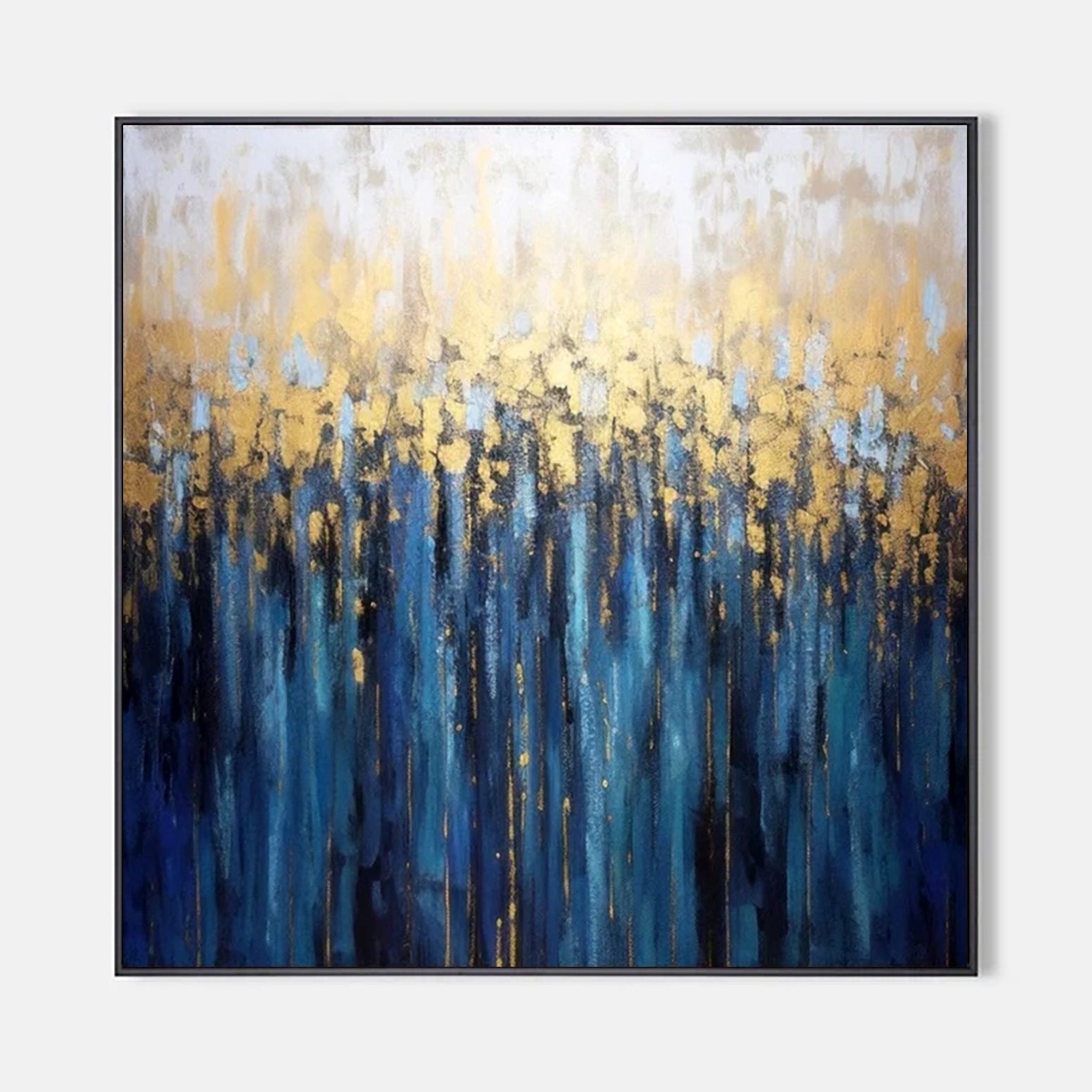 Arabelart Modern Boho Wall Art, Blue And Gold Leaf Canvas Art, Blue Palette Knife Abstract Canvas For Spiritual Home AR315