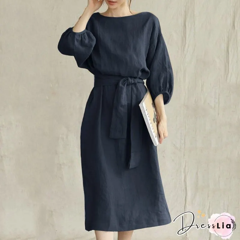 Solid Puff Sleeve Pocket Tie Crew Neck Maxi Vintage Dress