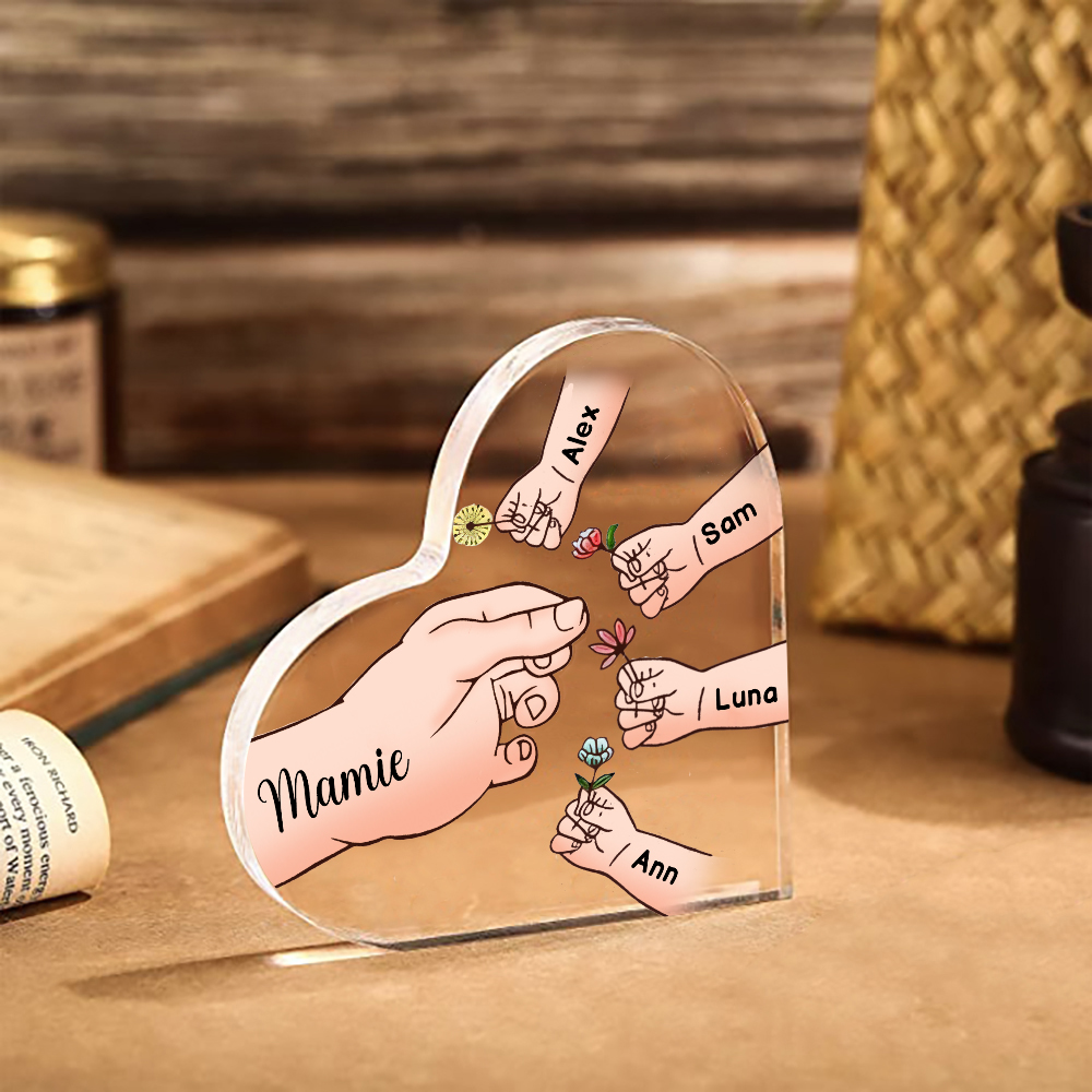 À ma Maman/Mamie - Plaque Acrylique Mains et Enfants en Forme de Cœur 5 Prénoms Personnalisés