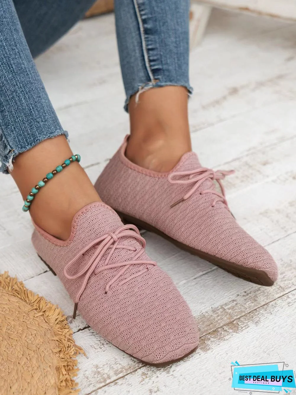 Breathable Mesh Fabric Soft Sole Lace-up Decor Flat Shoes