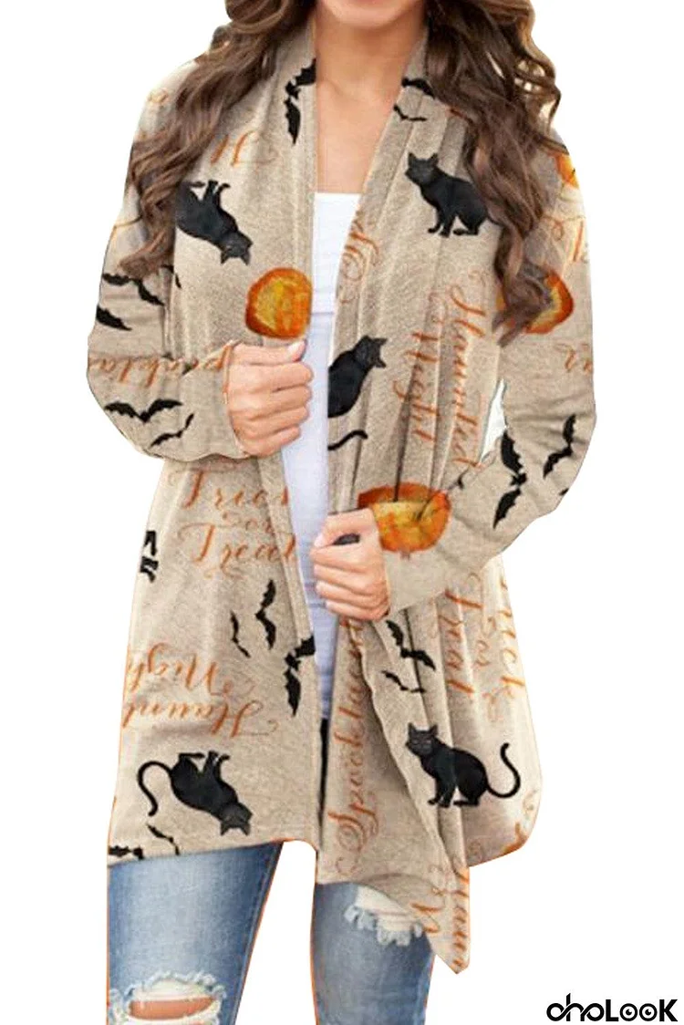 Khaki Open-front Print Halloween Knitted Cardigan