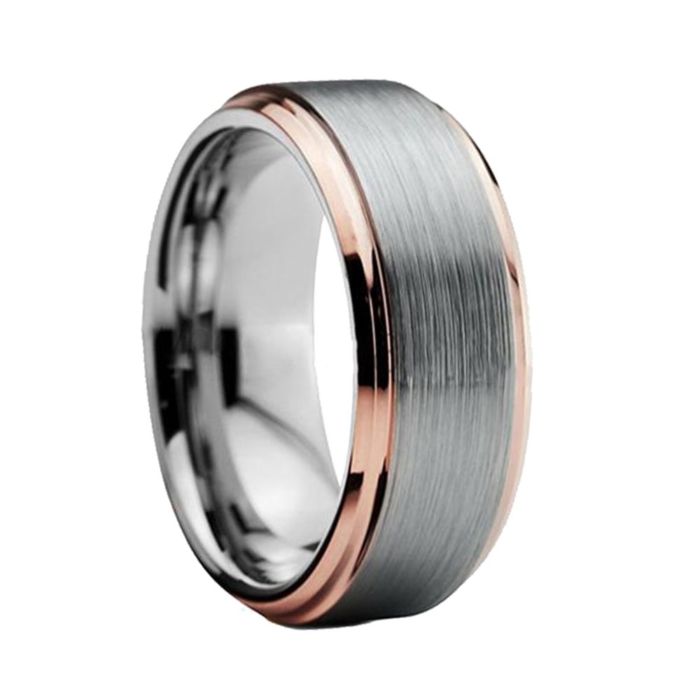 8MM Men Tungsten Ring Center Brushed Beveled Edge Rose Gold Plated Comfort Fit
