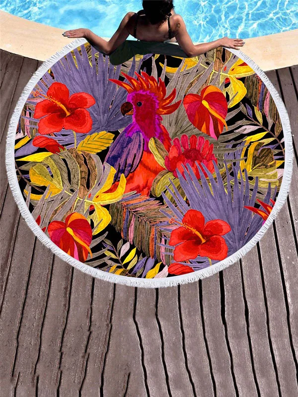 Bird Printed Round Shape Tasseled Soft Beach Mat