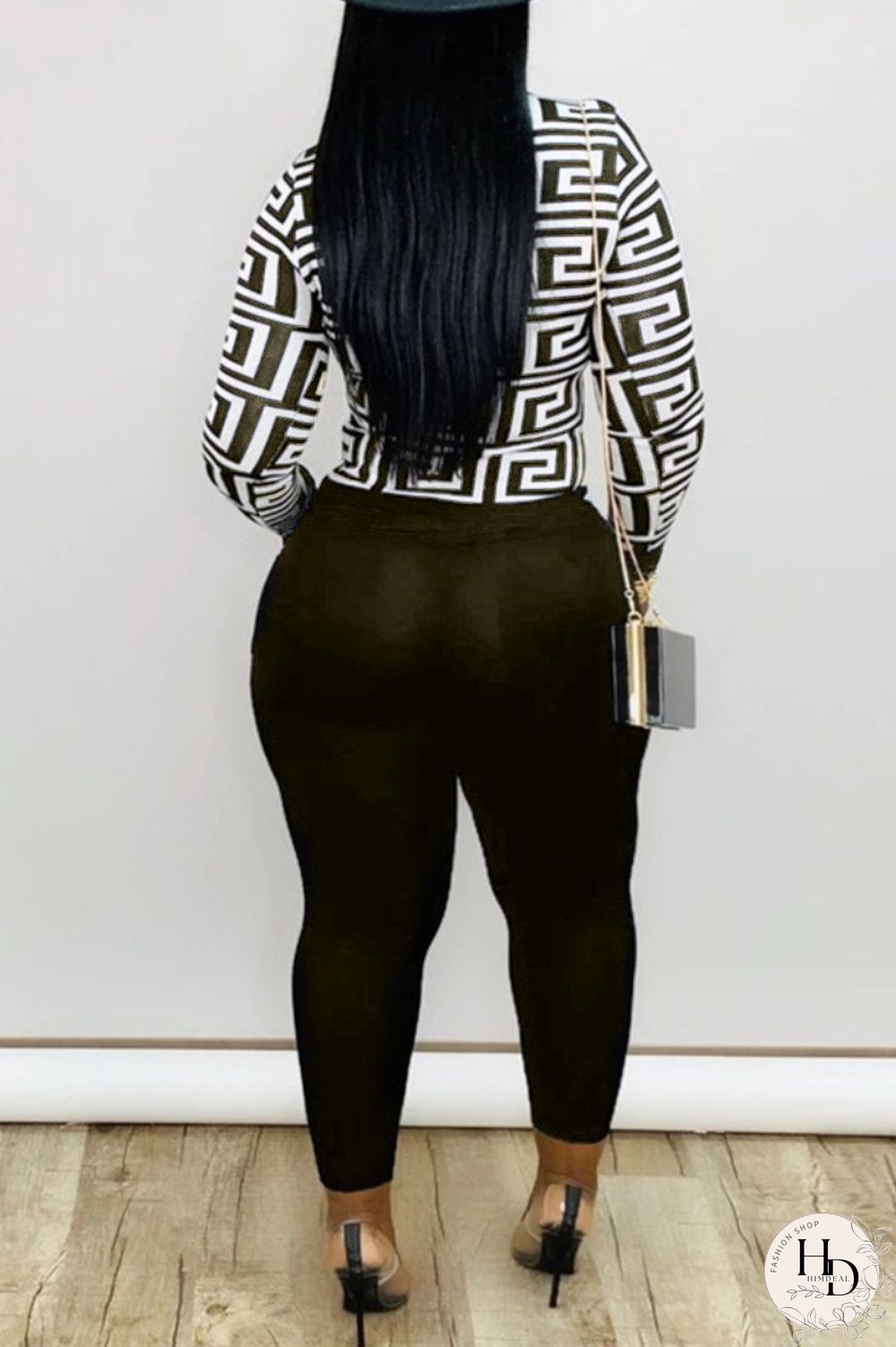 Army Green Fashion Casual Print Basic O Neck Plus Size Set