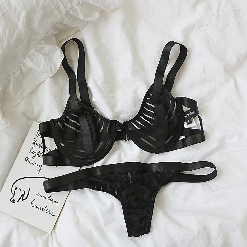 Wriufred Sexy temptation bra briefs set black and white ultra-thin elastic perspective lingereie women sexy underwear set