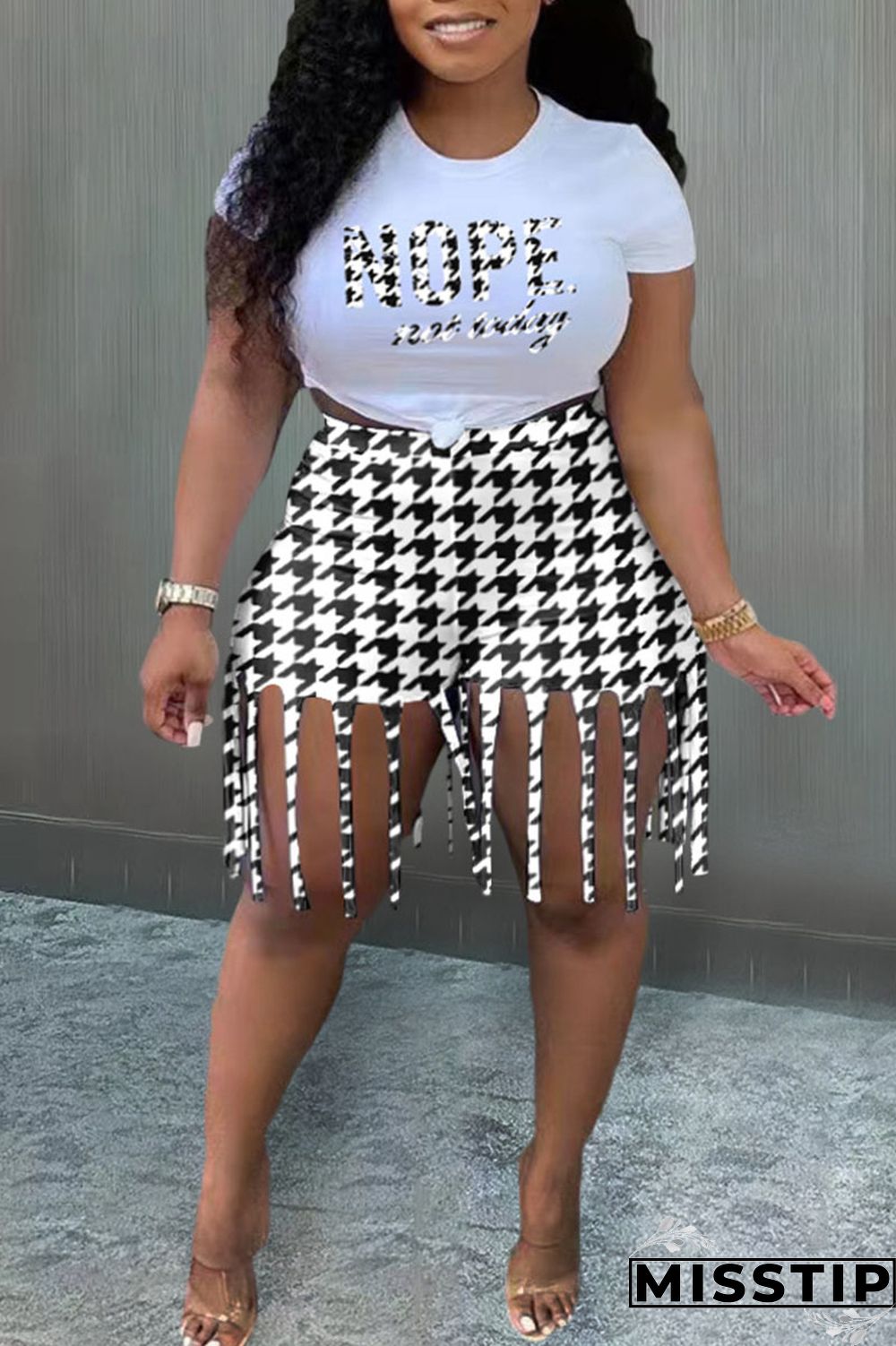 Black White Casual Street Print Tassel Patchwork O Neck Plus Size Two Pieces