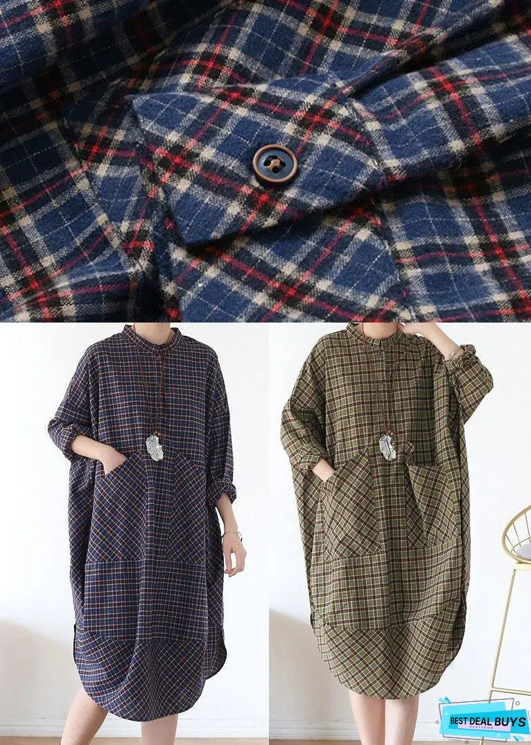 Women Green Plaid Long Shirt Mid Spring Cotton Dress