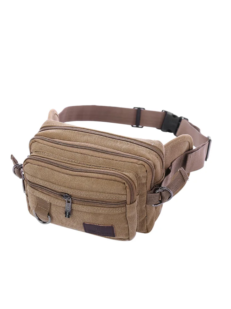 Men Vintage Travel Multi Pocket Belt Waist Pack Canvas Large Wallet (Camel)