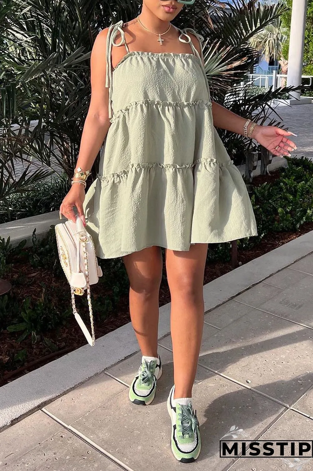 Light Green Sweet Solid Patchwork Fold Stringy Selvedge Spaghetti Strap A Line Dresses
