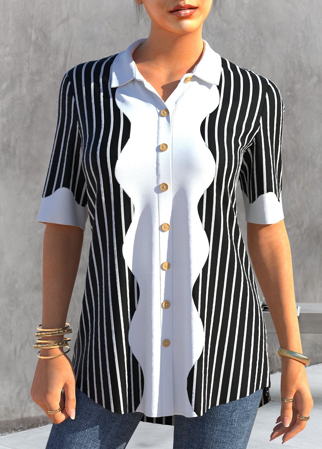 Striped Black Button Up Turndown Collar Blouse