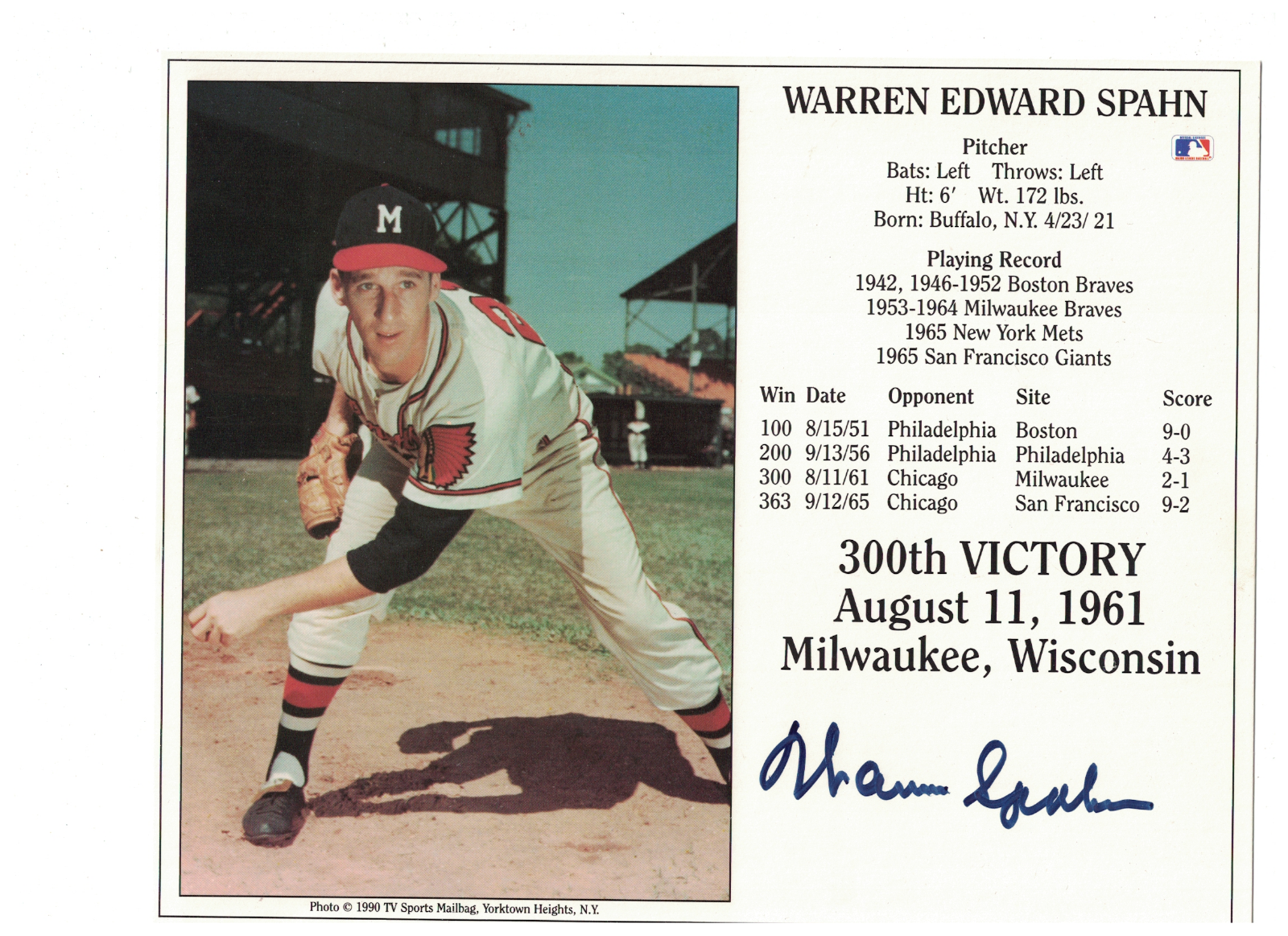 Warren Spahn Milwaukee Braves HOF Signed Baseball Photo Poster painting Card W/COA