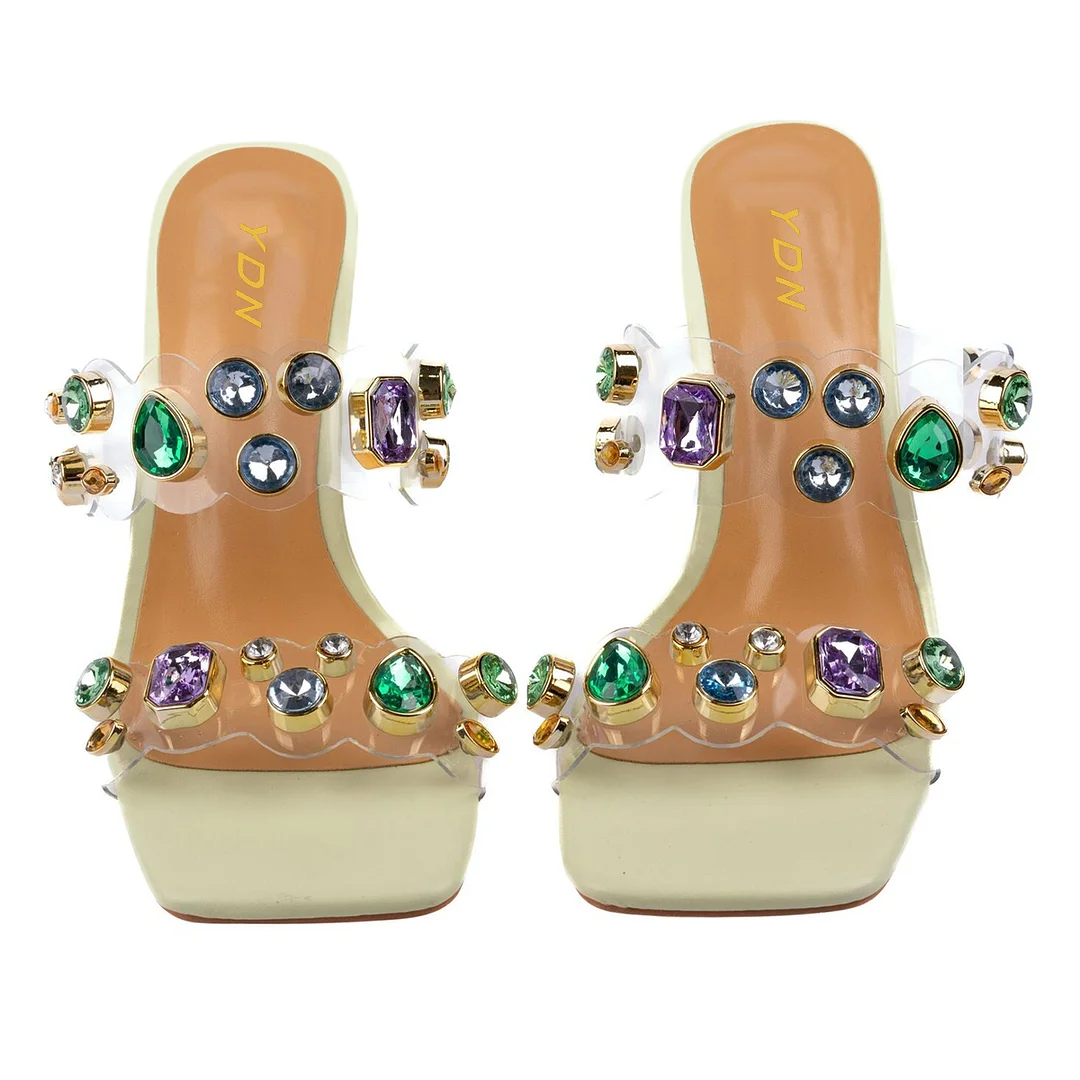 Ivory Vegan Leather Square Toe Colorful Rhinestone Decorative Heels