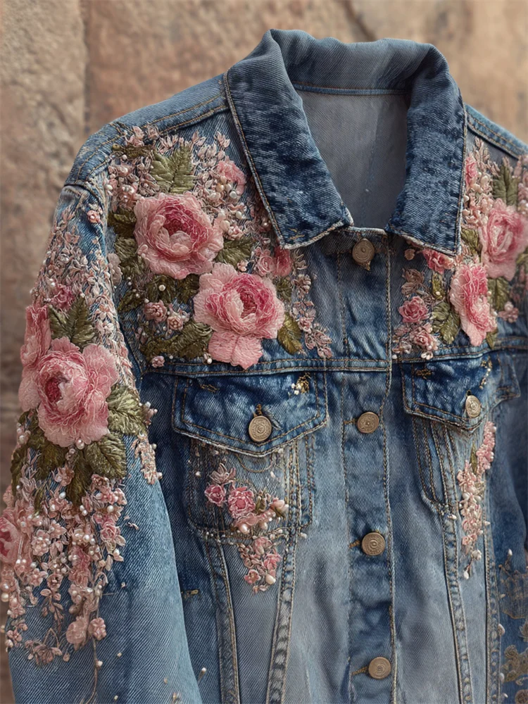 Boho Pink Roses Glitter Beaded Embroidered Washed Denim Jacket