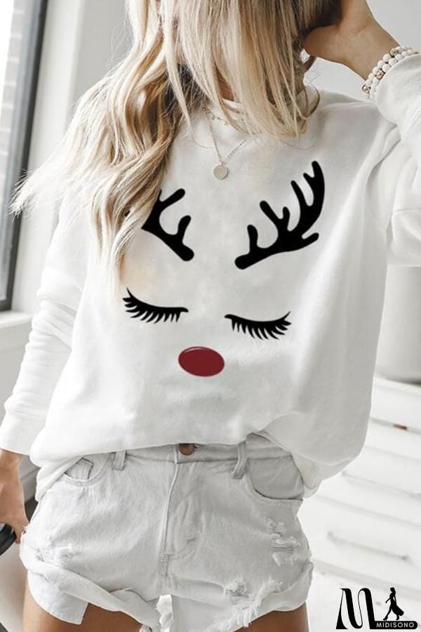 MidiSono - Elk Print Round Collar Sweatshirt