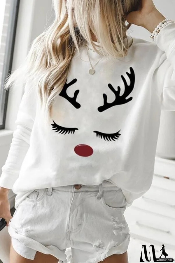 MidiSono - Elk Print Round Collar Sweatshirt
