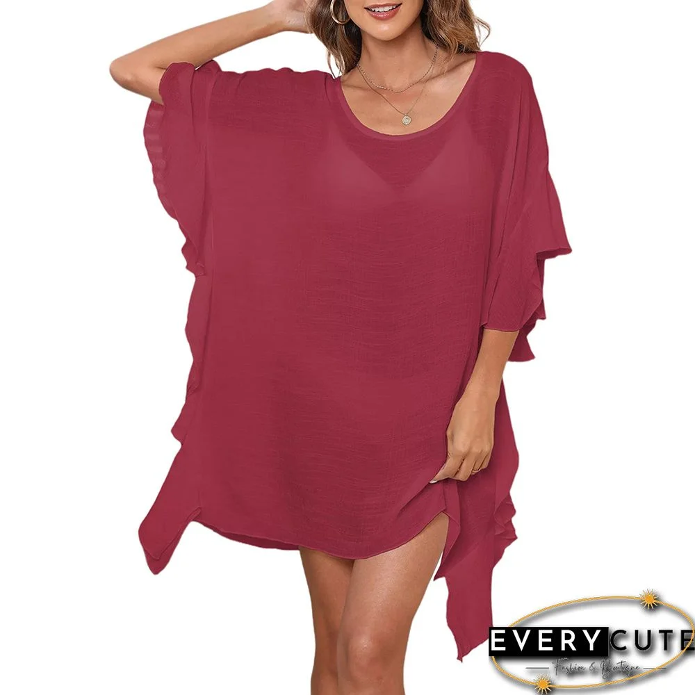 Burgundy Ruffle Hem Solid Color Beach Cover