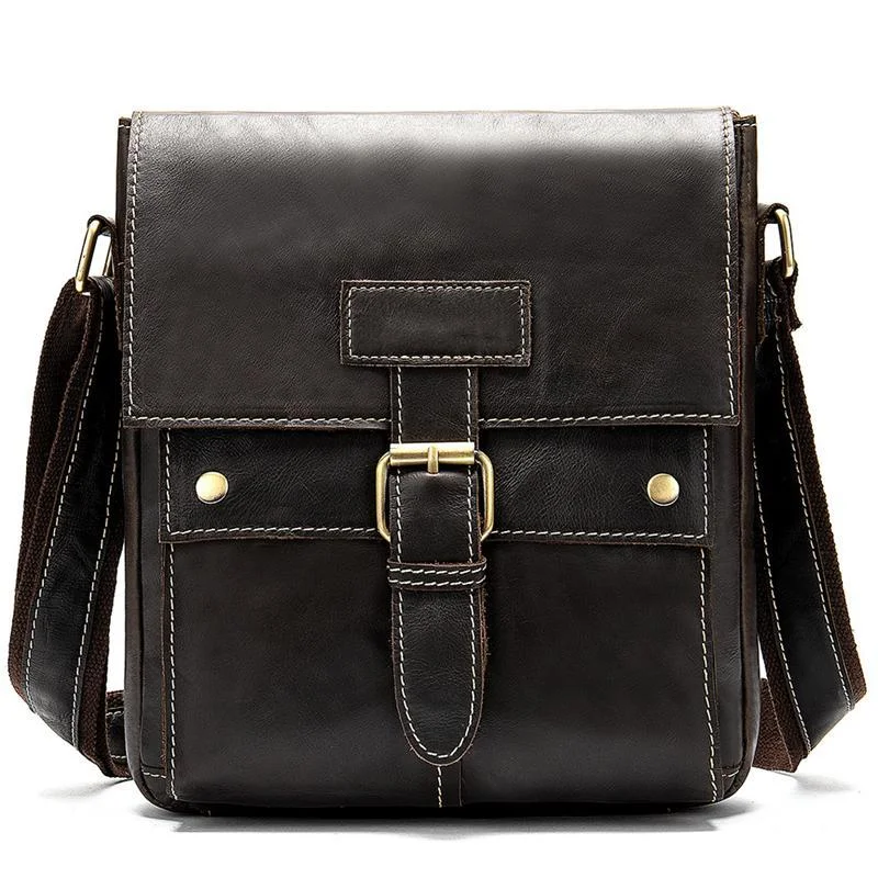 Men's Genuine Leather Solid Color Casual Shoulder Bag Retro Crossbody Bag