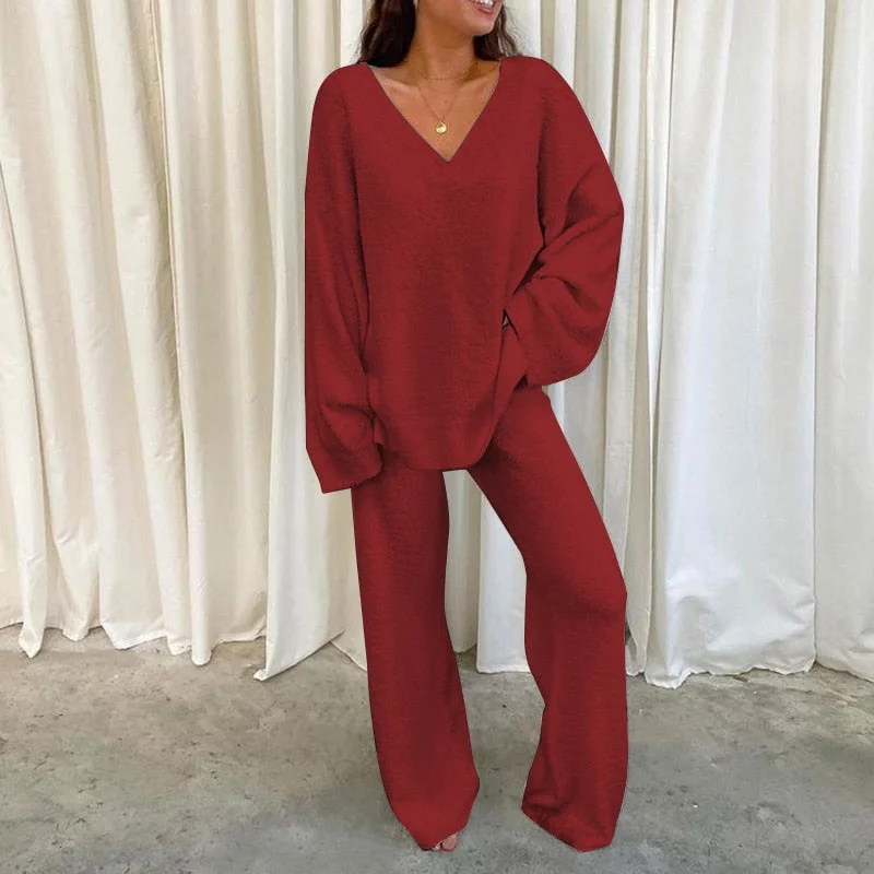 ZANZEA 2pcs Women Autumn V Neck Long Sleeve Blouse Suits Matching Sets Casual Loose Wide Leg Trousers Sets Solid Homewear Suits