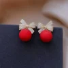 Boucles d'oreilles de no&euml;l en zircon brillant, n&oelig;ud boule rouge