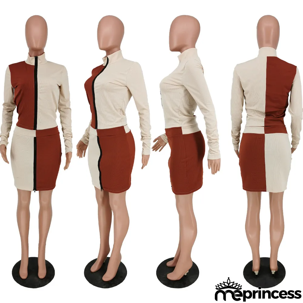 Fashion Splice Long Sleeve Mini Skirts Two Piece Set