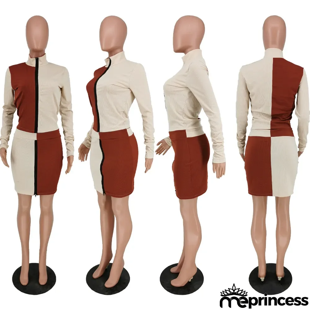 Fashion Splice Long Sleeve Mini Skirts Two Piece Set