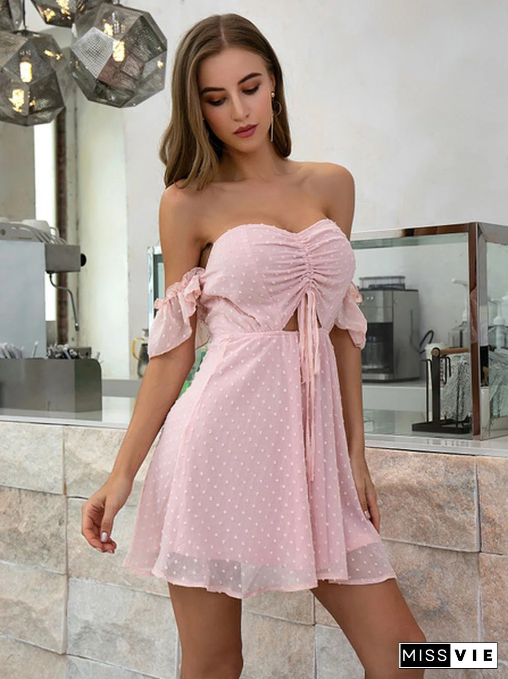 Off Shoulder Cut Out Ruched Drawstring Front Swiss Dot Shirred Sexy Dress