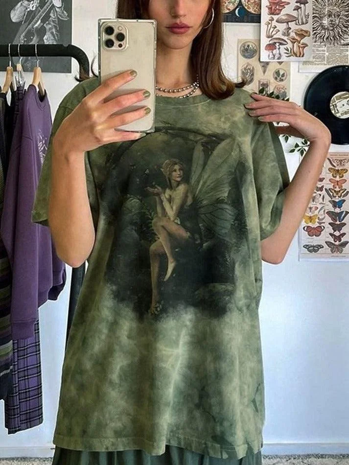 Brownm Tie Dye Grunge Fairy Print Tee