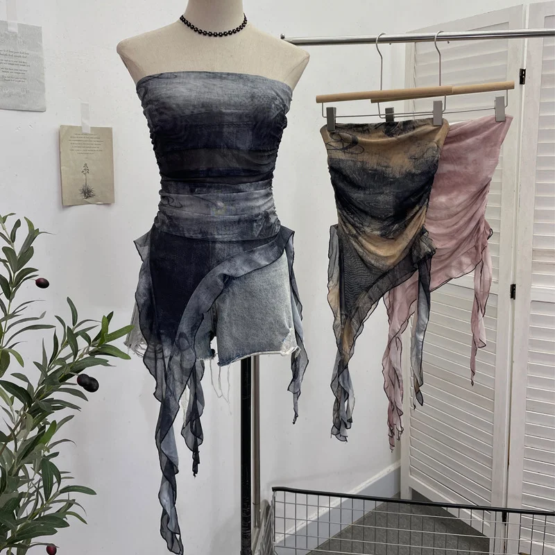 Uveng Real Shooting 2024 Summer New Dyed Printing Mesh Yarn Chest Sleeveless Top Irregular Ribbon Vest 9956