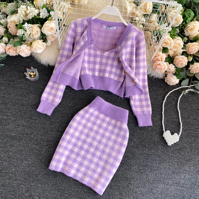 Ueong Sweet Knit Plaid Cardigans + Camisole + Skirts 3pcs Sets Girls Short Sweater Coat + Vest + Mini Skirt Suits Women Outfits