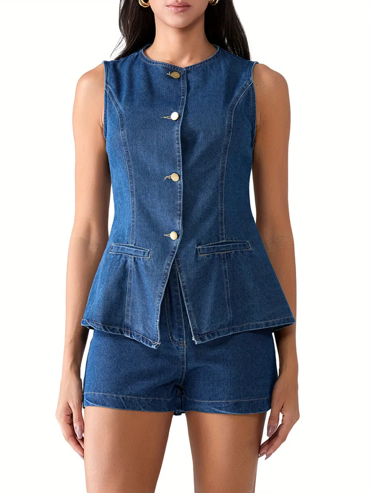 Women's 2pcs Denim Outfits Sleeveless Button Up Tank Tops Solid Color Shorts Set