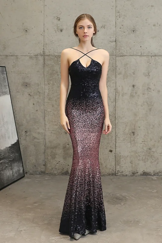 Ombre Sequins Halter Prom Dress Long Mermaid Evening Gowns - lulusllly